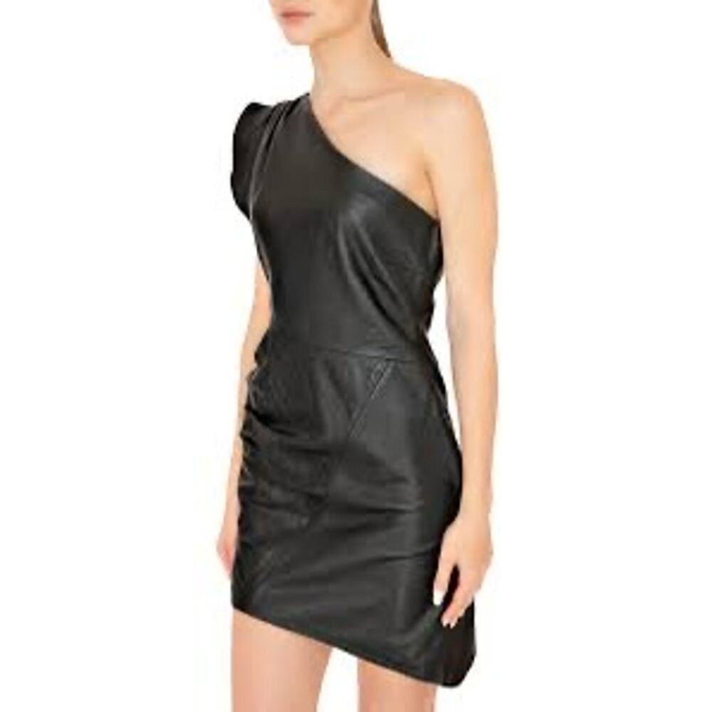 NEW LAMARQUE Corey Draped Lamb Leather One Shoulder Mini Dress Black Sz Large - Picture 9 of 13